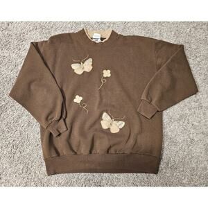 Vintage Grandma Crewneck Sweatshirt Sz XL Butterfly Flowers Double Collar Brown